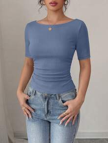 PRETTYGARDEN Women's Spring Fall Long Sleeve Shirts Crop Going Out Tops Casual Boat Neck Bell Sleeve Ribbed Ruched Y2K Clothes - 藍灰色 - 查看 6
