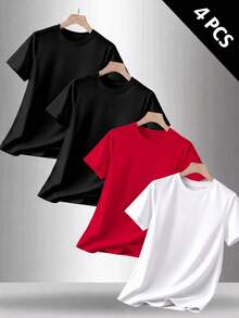 4-Pack Men's T-Shirts In Pure Cotton With Crew Neck And Print, Casual And Versatile, Ideal For Spring And Summer - 黑白紅 - 查看 1