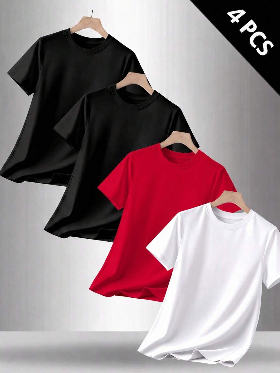 4-Pack Men's T-Shirts In Pure Cotton With Crew Neck And Print, Casual And Versatile, Ideal For Spring And Summer - 黑白紅 - 查看 1