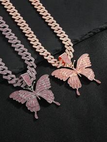 Liontin Kupu-kupu Kristal Berkilau 4 Warna dengan Rantai Cuban Tebal, Aksesori Leher Pernyataan Gaya Hip Hop Jalanan Unisex untuk Pasangan - Berbagai kalung kupu-kupu warna-warni - View 6