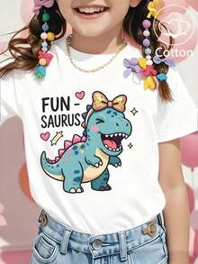 Summer/Autumn Cotton Short-Sleeved T-Shirt For Girls, Featuring A Cute Cartoon Blue And Green Dinosaur Print, In A Sweet And Charming Style - White - View 2