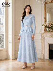Pink Lace Peter Pan Collar Belted Maxi Dress Women Long Sleeve Wedding Guest Dress - 藍色 - 查看 1