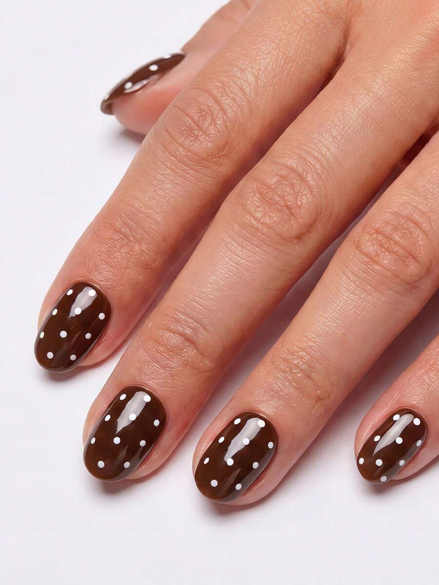 24pcs Oval Nail Tips Fashion White Polka Dot Brown Full Coverage Fake Nails Pointed Shape With 1pc Jelly Glue And 1pc Mini Nail File, Jelly Glue Randomly Sent - Brown - View 1