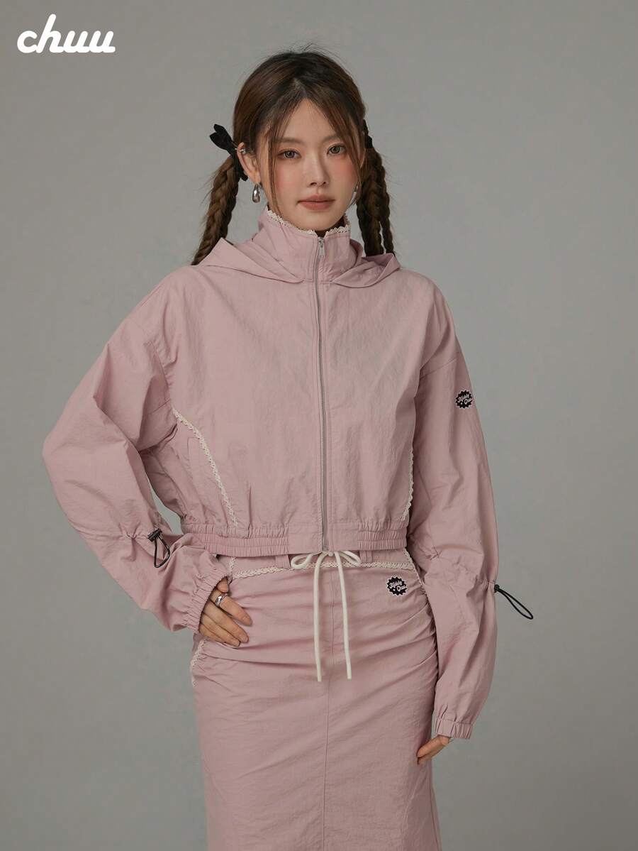 Jaket Berkerudung Tali Serut Wanita CHUU, Atasan Kasual Longgar Manis dan Chic dengan Hiasan Renda Musim Gugur - Dusty Pink - View 1
