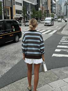 Plus Size Women's Casual Color Block Striped Sweater, Autumn/Winter - Brown - View 5