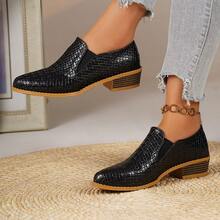 Women's Black Embossed Pointed Toe Low Heel Elastic Slip-On Pumps, Vintage Commuter Minimalist Chunky Heel Ankle Pumps, Spring/Autumn - Black - View 3