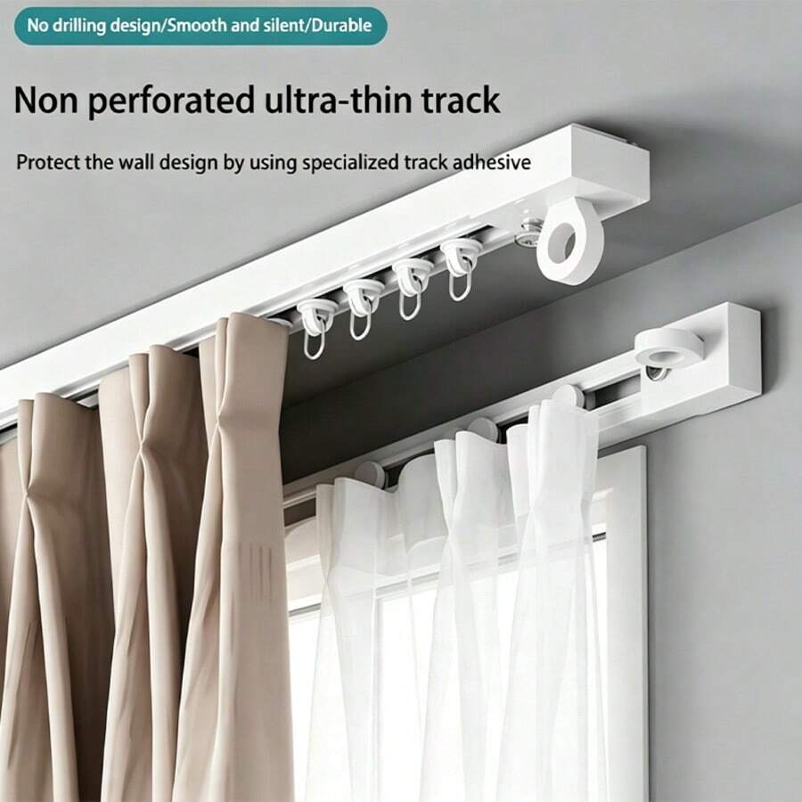Riel de cortina adhesivo para techos o paredes lisas - Montaje superior o lateral, barra de cortina, barra de cortina adhesiva (no flexible), adecuada para ventanas: dormitorio, ducha, armario y autocaravana - Guía de instalación fácil, Decoración del hogar > Cocina & Baño > Suministros de decoración del baño > Herrajes & Instalación de baño > Barra de cortina de ducha - 1PC - Ver 1