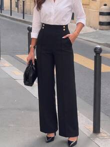 Women's Fashion Vintage Button Pocket Straight Leg Pants, Business Office - Black - View 5
