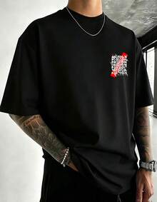 Camiseta, estampado deformado, palabras apasionadas en repetición y rayas blancas, detalles rojos en la espalda, 100% algodón de manga corta, adecuado para el verano - Negro - Ver 3