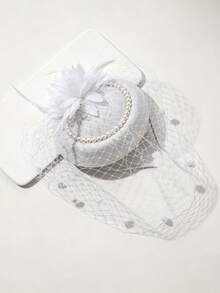 1pc Faux Pearl Decorated Hat, Vintage Elegant Style, Bridal Wedding Accessory, Decorated With Faux Feather And Mesh Details, Special Occasion Headpiece, Mini Top Hat, Mini Hat, Mini High Top Hat, Derby Hat, Hair Accessory, School Supplies, Elegant, Headpiece, Party Accessory, Gift, Party Styling, Evening Party - White - View 1