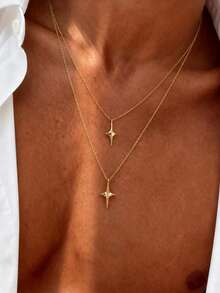 2pcs/Set Luxury Gold Double Layer Four-Pointed Star Layered Necklace, Minimalist Thin Chain Cross Star Pendant, Men's Commuter High-End Collarbone Chain - Cross Star Necklace - View 3