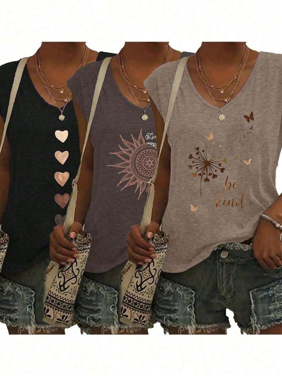 3pcs Plus Size Women's Fashion Printed V-Neck T-Shirts Spring/Summer New Style, Loose Casual Tops Base Layer T-Shirts - Suitable For Daily Wear And Home