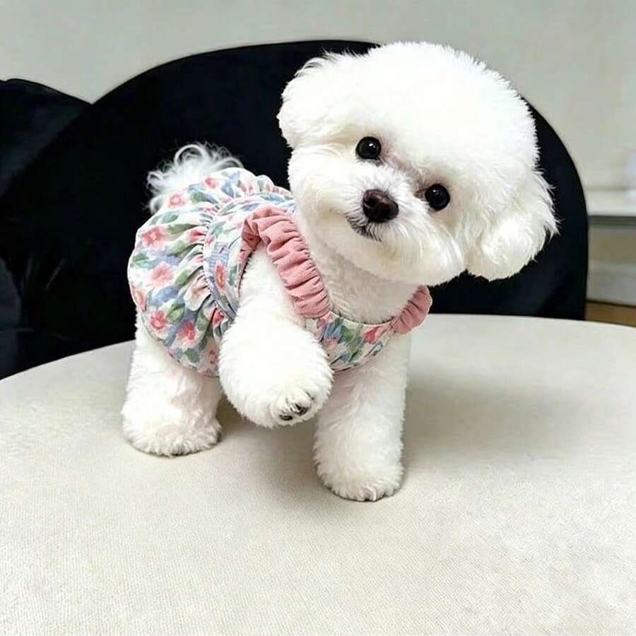 Cute Floral Pumpkin Strap Dress For Small Puppies, Breathable Vest Dress For Bichon Frise And Teddy Dogs In Summer