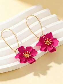 1 Pair Women's Vibrant Fuchsia Floral Unique Design Dangle Earrings - Hot Pink - View 3