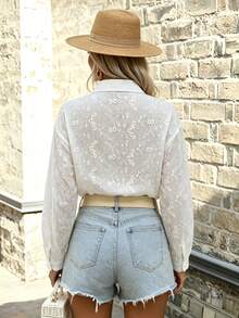 Women's Elegant White Semi-Sheer Embroidered Long Sleeve Blouse, Classic Shirt Collar And Button Details, Suitable For Autumn - White - View 4