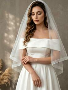 1pc Double Layer Fishbone Edge Bridal Veil, Short Length With Hair Comb, Suitable For Wedding, Bridal Photography And Bachelorette Party - Multicolor - View 2