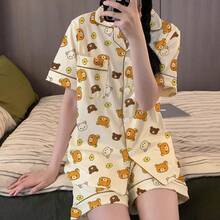 San-X Rilakkuma 日系卡通 Ins 風可愛慵懶熊睡衣套裝，女款夏季短袖甜美居家服 - 彩色 - 查看 3
