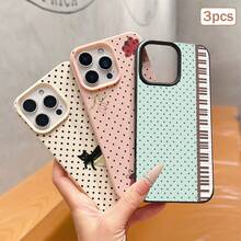 3pcs Polka Dot Print Leather Texture TPU Shockproof Full Coverage Protective Phone Case Compatible With Apple 11/12/13/14/15/16/17 Pro Max - Black + Pink + Antique White - View 3