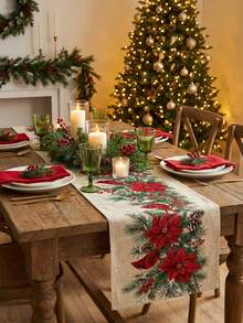 1pc Christmas Red Cardinal Poinsettia Print Table Runner, Pine Cone & Berry Table Runner, Suitable For Dining Table, Desktop, Fireplace Mantel, Living Room And Winter Holiday Decor - Multicolor - View 7