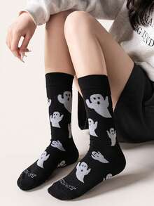 1/2 Pairs Halloween Cute Cartoon Black & White Ghost Pattern Mid-Calf Socks, Creative Couple Black & White Versatile Mid-Calf Socks - Multicolor - View 2
