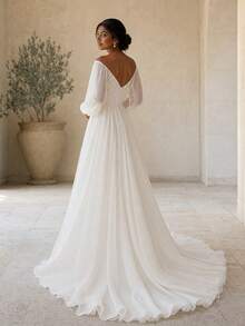 Marvellea Elegant Off Shoulder Puff Long Sleeve Chiffon Maxi Dress A Line Flowy Wedding Bridal Gown Formal Party Evening Gown - White - View 4