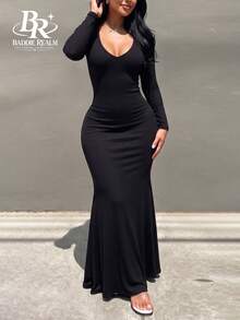 BR Chic Women's Black Long Sleeve Deep V-Neck Fitted Ribbed Knit Dress, Mermaid Tail Style Long Dress, Create A Sleek And Elegant Look, Medium Stretch - Black - View 3