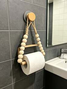 1pc/2pcs Beaded Wooden Stick Toilet Paper Holder, Wooden Bead Paper Towel Rack, Storage Shelf, Nordic Natural Wood Style Towel Rack, Homestay Decor - Multicolor - View 2