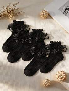 5 Pairs Girls Black Ruffle Pleated Princess Socks, Mesh Breathable Socks, Spring/Summer School Socks, Dance Socks, Suitable For Birthday Gifts/Back To School Dance Performances And Daily Wear, Fit 0-12 - Black - View 2