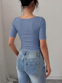PRETTYGARDEN Women's Spring Fall Long Sleeve Shirts Crop Going Out Tops Casual Boat Neck Bell Sleeve Ribbed Ruched Y2K Clothes - 藍灰色 - 查看 2