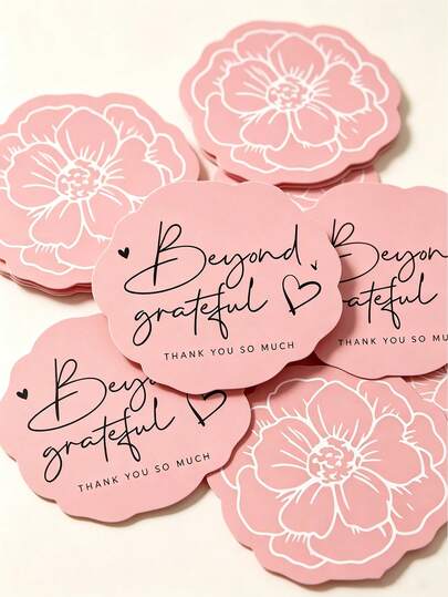 10/20/50pcs Pink Die Cut Flower Beyond Grateful Thank You Cards, Line Floral Round Shape Package Insert Note Cards For Small Business Gift Packaging Wedding Birthday Stationery