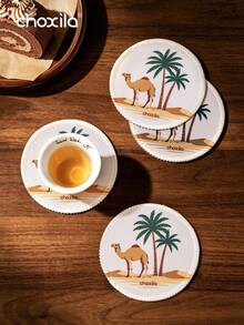 choxila 1/4pcs Camel & Coconut Tree Print Coasters, Exquisite Round Heat-Insulating Pads, Table Decor, Polyester Non-Slip Coasters, Handmade Bowl Mats, Home Decor, Vintage Desk Mats. Suitable For Tea Room, Office Reception - Coasters - View 2