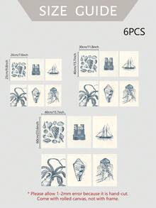 6件裝無框畫布藝術版畫，復古藍色寄居蟹與章魚海洋生物插畫，海岸航海帆船海報，鄉村風牆面裝飾，適合海邊別墅、公寓、居家 - 抽象B款 - 查看 4