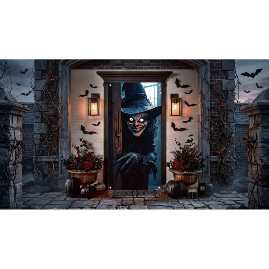 2d Plane Banners, Large Horror Witch Curtains Decorated On Halloween Front Door, Bright And Durable Polyester Fabric, Suitable For Halloween Night Family Party Thriller Theme Room Decoration Halloween Background. - 1 - View 1