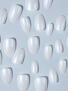 Elevate Your Style, 24pcs Short Oval Cream White Magic Metallic Shiny Pointed Press-On Nails, Perfect Fit Acrylic False Nail Set, Includes 1pc Jelly Glue And 1pc Nail File, Easy To Wear, Suitable For Women And Girls Daily Wear And Party Use - White - View 2