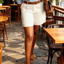 Pantalones cortos minimalistas de unicolor de verano con bolsillo en diagonal, adecuados para maestros que regresan a la escuela en blanco - Blanco - Ver 5