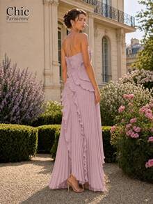 Dusty Pink:Dusty Pink Pleated Ruffle Halter Long Party Gown - 藕色 - 查看 3