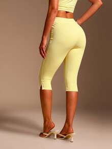 XLLAIS Women's Yellow High Elasticity Casual Sports Fitness Split Hem Capri Pants, Summer, Athleisure - Yellow - View 9