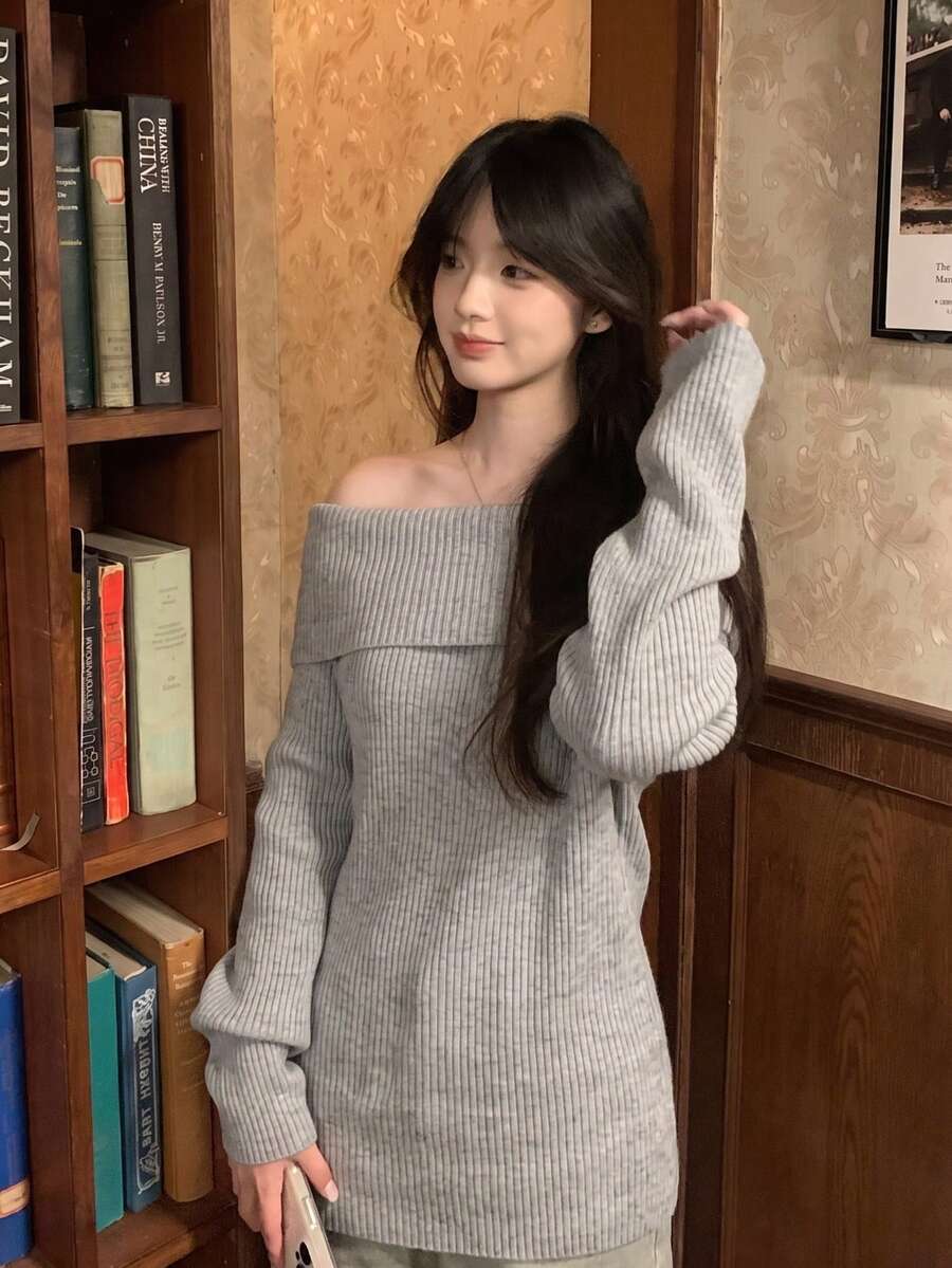[Y6Y]Women's Off-Shoulder Sweater, Loose Minimalist Sexy Slouchy Knit Top For Autumn - Grey - View 1