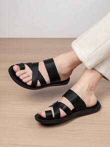 New Men's Toe-Post Cross Strap Design Solid Color Versatile Flip-Flops Outdoor Essential Fashion Men's Slippers - Black - View 9