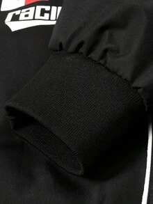 Jaket Motor Pria Hitam Putih dengan Motif Grafis Balap, Kerah Tegak, dan Resleting Penuh, Perlengkapan Berkendara - Hitam - View 6