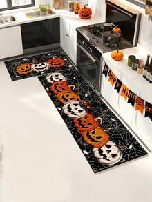 1/2pcs Halloween Kitchen Decor Rug, Halloween Pumpkin Kitchen Rug And Mat, Non-Slip Washable Absorbent Kitchen Accessory Decorative Mat - Multicolor - View 3