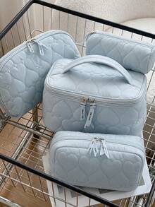 1/4pcs Heart-Shaped Quilted Makeup Bag, Blue Home Storage Bag With Zipper, Sweet Cute Bow Makeup Bag Set, Multi-Functional Travel Toiletry Bag, Can Store Skincare Products, Portable Sorting Storage Bag, Suitable For Home, Travel, Dorm, Foam Quilted Beauty Bag, Back To School Essential, Women's Clutch - Blue - View 1