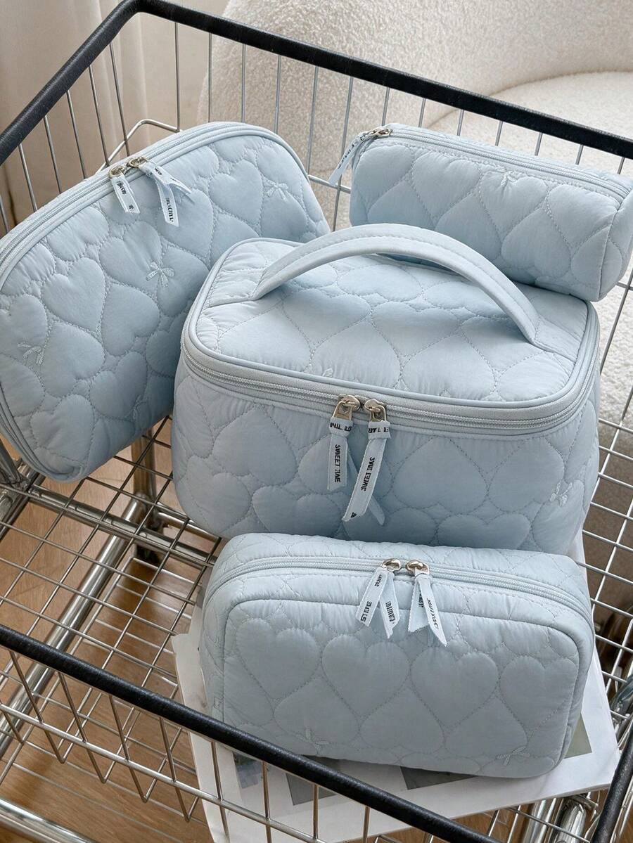 1/4pcs Heart-Shaped Quilted Makeup Bag, Blue Home Storage Bag With Zipper, Sweet Cute Bow Makeup Bag Set, Multi-Functional Travel Toiletry Bag, Can Store Skincare Products, Portable Sorting Storage Bag, Suitable For Home, Travel, Dorm, Foam Quilted Beauty Bag, Back To School Essential, Women's Clutch - Blue - View 1