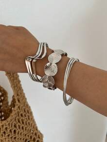 3/1pc Vintage Exaggerated Geometric Design Wide Cuff Bracelet Set, Retro Textured Round Bangle - Silver - View 3