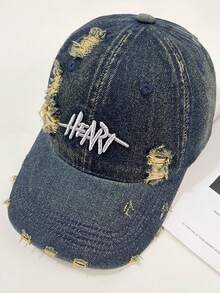 做舊水洗丹寧棒球帽 HEART字母刺繡 破洞毛邊設計復古Dad Hat Y2K街頭風中性戶外遮陽帽 - heart牛仔棒球 - 查看 5