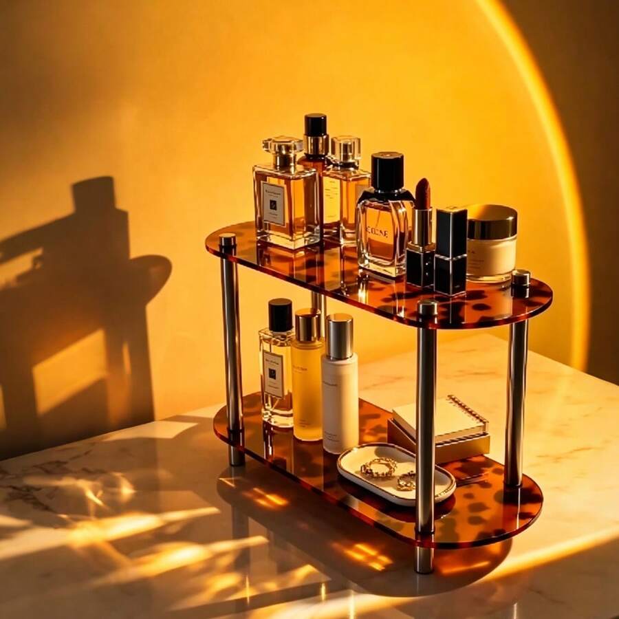Vintage Tortoise Shell 2-Tier Perfume Organizer, Luxury Acrylic Makeup Vanity Shelf, Bathroom & Bedroom Aesthetic Cosmetic Storage Rack - Leopard Print - View 1