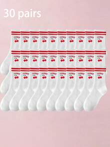 1/3/5 Pairs 3D Printed Cherry Pattern Mid-Calf Socks, Colorful Red Striped Ribbed Splicing Details, Soft And Skin-Friendly - Red - View 20