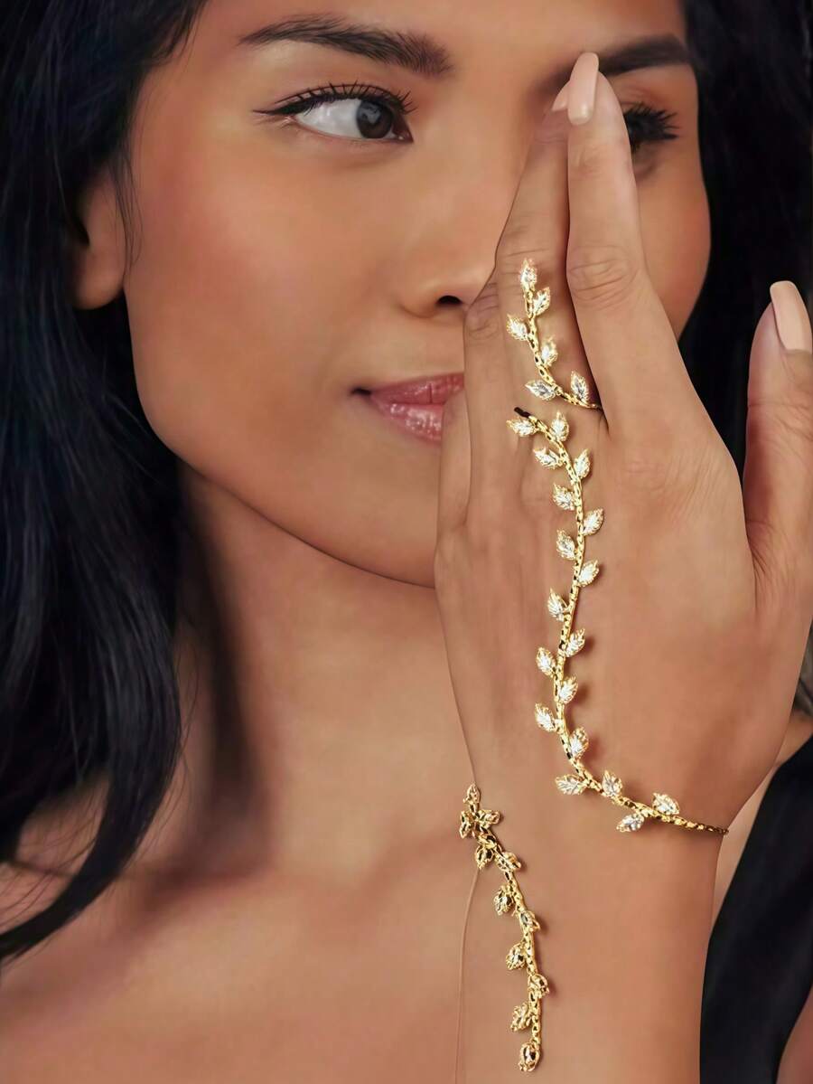 Adjustable Gold-Color Leaf-Shaped Palm Bracelet, Luxurious Bridal Connected Finger Hand Chain Jewelry For Wedding - Gold - View 1