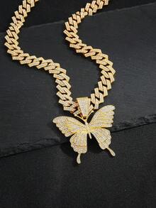 Liontin Kupu-kupu Kristal Berkilau 4 Warna dengan Rantai Cuban Tebal, Aksesori Leher Pernyataan Gaya Hip Hop Jalanan Unisex untuk Pasangan - Berbagai kalung kupu-kupu warna-warni - View 11