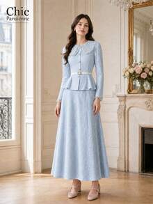 Pink Lace Peter Pan Collar Belted Maxi Dress Women Long Sleeve Wedding Guest Dress - 藍色 - 查看 2